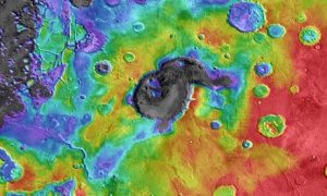 Colour-coded elevation image of Eden Patera, one of several sites on Mars that may be the footprints of ancient supervolcanoes. Photograph: Nasa/JPL/GSFC/Arizona State University/PA