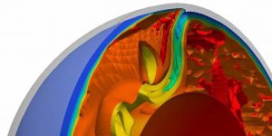 A numerical simulation shows how Earth's crust (blue) is subducted and transported into the mantle (orange). Credit: Graphics: ETH Zurich/ Geophysical Fluid Dynamics