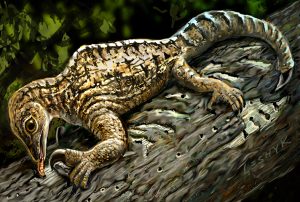 In this illustration set 212 million years ago in what is today New Mexico, a Drepanosaurus rips away tree bark with its massive claw and powerful arm. Credit: Painting by Victor Leshyk 