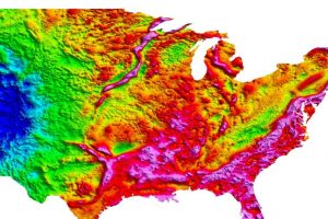 Most of the gravity highs on this map (hot colors for high; cool ones for low) correspond with mountains or other topographical features. But the long snake-like gravity high heading south from the tip of Lake Superior is another story. There's nothing on the surface to explain its buried presence. Credit: USGS 