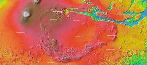 A map of Mars that includes the unually high elevation region LSU researchers are studying called Thaumasia Planum. Credit: Wikimedia 