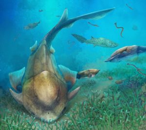 Life reconstruction of Qilinyu along with Guiyu and Entelognathus in Silurian waters. Credit: Dinghua Yang