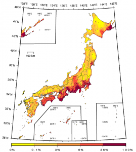 Representative Image: Exceedance probability within 30 years considering all earthquakes (JMA seismic intensity: 6 Lower or more; average case; period starting Jan. 2010)