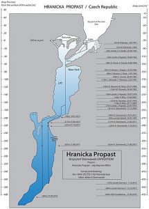 This map made available to The Associated Press by Polish explorer Krzysztof Starnawski on Friday, Sept. 30, 2016, shows a cross-section of the flooded Hranicka Propast, or Hranice Abyss, in the Czech Republic that Starnawski's Czech and Polish team recently revealed to be the world's deepest known flooded cave. On Sept. 27, 2016, the team used a remotely-operated underwater robot, or ROV, to search for the cave's bottom. It went to the record depth of 404 meters (1,325 feet) but still has not found the bottom, during the 'Hranicka Propast - step beyond 400m' expedition led by Starnawski and partly funded by the National Geographic.  Credit: Krzysztof Starnawski Expedition via AP