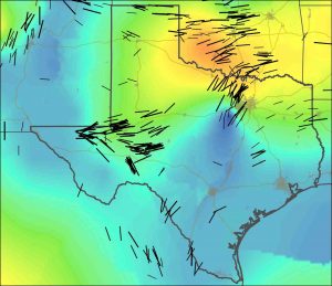 New stress maps of Texas and Oklahoma, with black lines indicating stress orientation. Blue-green colors indicate regions of extension in the crust, while yellow-orange areas are indicative of crustal compression. Credit: Jens-Erik Lund Snee 