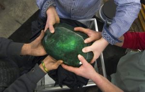 People hold the world's largest emerald at Western Star Auction House in Kelowna, British Columbia January 26, 2012. The 57,500 carat emerald, named "Teodora", which weighs 11.5 kg (25.35 lb) was mined in Brazil and cut in India. The stone will be publicly auctioned this weekend. REUTERS/Andy Clark 