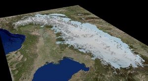This is a 3-D ice-model of the Alps during Last Glacial Maximum. Credit: University of Potsdam, background model based on ESRI Germany data