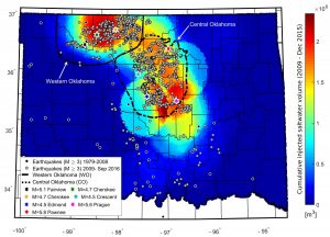 Saltwater disposal and earthquakes in Oklahoma are shown. Credit: Cornelius Langenbruch. 