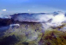 An aerial view of Mount Tambora's caldera