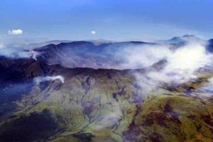 An aerial view of Mount Tambora's caldera