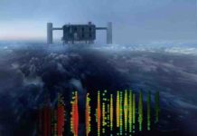 This image shows a visual representation of one of the highest-energy neutrino detections superimposed on a view of the IceCube Lab at the South Pole