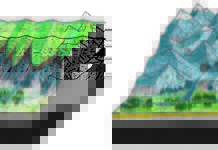 Headwaters of Alpine streams approximately 30 million years ago (left) with an Alpine plateau and a meadow countryside.