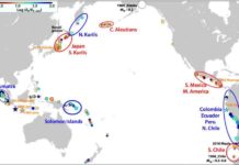 A map summarizing the new REEF measure of seismic energy for events around the Pacific Ring of Fire shows the regional patterns indicating earthquake rupture character is affected by persistent features that differ from region to region.