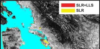 The San Francisco Bay shoreline, where yellow indicates areas where a projected rise in sea level (SLR) will result in flooding by 2100. Red shows where local land subsidence (LLS) will combine with SLR to increase the flood-prone areas.