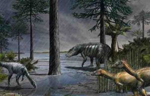 A scene from 232 million years ago, during the Carnian Pluvial Episode after which dinosaurs took over. 