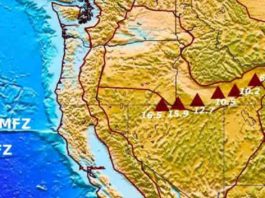 This is the location of the Yellowstone's hotspot track. The triangles indicate general locations of the Yellowstone and Snake River Plain age-progressive volcanoes with ages shown in millions of years, plotted on a topography map of the Western United States.
