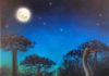 Giant nocturnal elephant birds are shown foraging in the ancient forests of Madagascar at night.