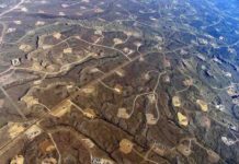 This is an aerial view of hydraulic fracturing operations across the Jonah field, a large natural gas field in Wyoming.
