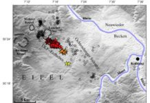 Map of the locations and depths of the deep low-frequency (DLF) earthquakes beneath the Laacher See Volcano ("Lake Laach Volcano") in Germany. Brittle earthquakes are marked as circles, DLF events as stars. Credit: Hensch et al.