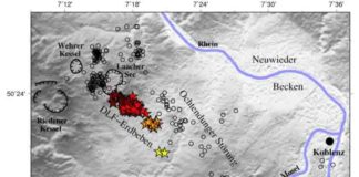 Map of the locations and depths of the deep low-frequency (DLF) earthquakes beneath the Laacher See Volcano ("Lake Laach Volcano") in Germany. Brittle earthquakes are marked as circles, DLF events as stars. Credit: Hensch et al.