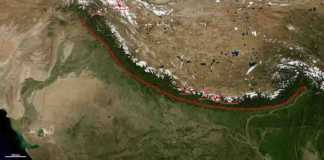 Where plates collide: The main frontal thrust (red line) extends over the entire length of the Himalayas. Credit: NASA Earth Observatory