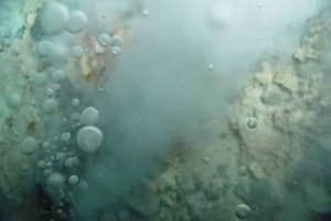 Bubbles of liquid carbon dioxide float out of the seafloor at a vent on Northwest Eifuku volcano off the coast of Japan.