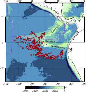 Floating seismometers dubbed MERMAIDs -- Mobile Earthquake Recording in Marine Areas by Independent Divers -- reveal that Galapagos volcanoes are fed by a mantle plume reaching 1,900 km deep. By letting their nine MERMAIDs float freely for two years, an international team of researchers created an artificial network of oceanic seismometers that could fill in one of the blank areas on the global geologic map, where otherwise no seismic information is available. Drifting a mile below the surface, MERMAIDs cover a large area. The red circles show where a MERMAID picked up a seismic signal. Credit: Courtesy of the researchers