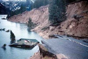 State Highway 287 slumped into Hebgen Lake; damage from the August 1959 Hebgen Lake (Montana-Yellowstone) earthquake.