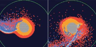 Snapshots of numerical modeling of the moon’s formation by a giant impact. The central part of the image is a proto-Earth; red points indicate materials from the ocean of magma in a proto-Earth; blue points indicate the impactor materials.