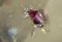 A tiny inclusion of lherzolitic garnet inside a diamond collected from the De Beers Group Victor Mine in Ontario. New research revealed lherzolite is a source rock for diamond formation—a discovery that could eventually help geologists find valuable deposits around the world.