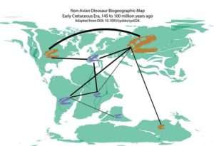 During the Early Cretaceous period (145-100 million years ago), nonavian dinosaurs likely migrated between Africa and Europe. Image adapted from research figure originally published in Systematic Biology