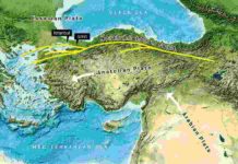 Along the North Anatolian Fault, Anatolia and the Eurasian Earth Plate push past each other. Image reproduced from the GEBCO world map 2014, www.gebco.net
