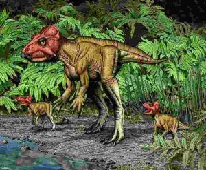 An artist’s rendering of Auroraceratops shows its bipedal posture as well as the beak and frill that characterize it as a member of the horned dinosaurs. Paleontologists from Penn led a team in characterizing this species, discovered in China