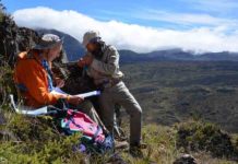 Study co-author Rob Coe and Trevor Duarte orienting cores from a lava flow site recording the Matuyama-Brunhes magnetic polarity reversal in Haleakala National Park, Hawaii, in 2015