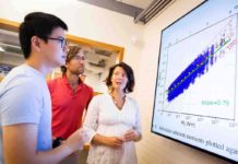 Marine Denolle (right) and her team, including Jiuxun Yin (left) and Brad Lipovsky, created numerical models to predict an earthquake’s final magnitude 10 to 15 seconds faster than today’s best algorithms. Credit: Stephanie Mitchell/Harvard Staff Photographer