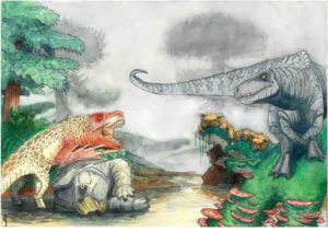Artist's reconstruction of two rauisuchians fighting over a desiccated corpse of a mammal-relative in the Triassic of southern Africa. In the background, dinosaurs and mammal-like reptiles form other parts of the ecosystem. Credit: Viktor Radermacher, owns copyright