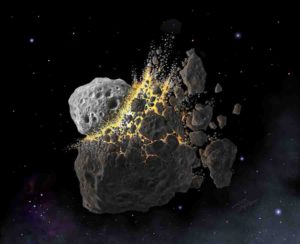 Illustration of the giant asteroid collision in outer space that produced the dust that led to an ice age on Earth. Credit: (c) Don Davis, Southwest Research Institute