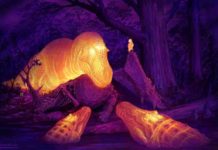 A graphic thermal image of a T. rex with its dorsotemporal fenestra glowing on the skull. Illustration courtesy of Brian Engh.