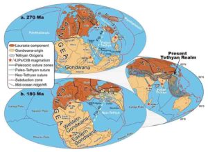 Global paleomagnetic plate reconstructions a. 270 Ma, b. 180 Ma, and inset the Present Tethyan Realm. Credit: ©Science China Press