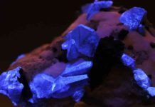 Benitoite crystals under UV light