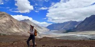 As part of MISTI-India, Megan Guenther, a junior in EAPS, records field notes about the landscape of the Kohistan-Ladakh region of the Himalayas in northern India. Credit: Craig Martin