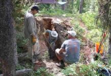 The excavation of trench B at the Leigh Lake site. Shown in the photo (from left to right) are Glenn Thackray, Cooper Brossy, and Darren Zellman. Credit: Mark Zellman