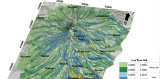 Oblique view of the risk map for lava flow inundation on the flanks of Mt. Etna for the next 50 years.