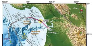 Researchers employed 20 kilometers (pink) of a 51-kilometer undersea fiber-optic cable, normally used to communicate with an off-shore science node (MARS, Monterey Accelerated Research System), as a seismic array to study the fault zones under Monterey Bay.