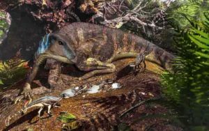 Artist’s depiction of an ornithopod dinosaur tending its nest.