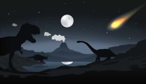 Illustrated scene of dinosaurs and asteroid. 
