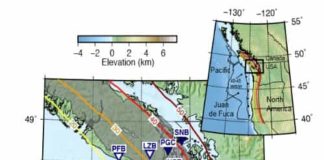 A map of Vancouver Island showing the locations of seismic instruments considered by the research group. The grey shaded region delineates where slow earthquakes occur.
