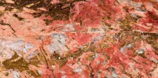 Bastnaesite (the reddish parts) in Carbonatite. Bastnaesite is an important ore for rare earth elements, one of the mineral commodities identified as most at-risk of supply disruption by the USGS in a new methodology. Credit: Scott Horvath, USGS