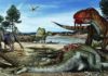 Predators abound on land, in the air and in water some 95 million years on the shores of northern Africa -- as shown by the abundant fossils in the Kem Kem region. Large herbivores, such as the long-necked sauropod Rebbachisaurus, could have been hunted or scavenged by several large predators. Credit: Artwork by Davide Bonadonna
