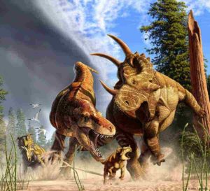In this artist's depiction of wildlife from Alberta, Canada, 77 million years ago, the tyrannosaur Daspletosaurus hunts a young horned Spinops, while an adult Spinops tries to interfere and a Coronosaurus watches from a distance. Credit: Julius Csotonyi.